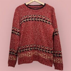 Vintage Fair Isles Heathered Red Geometric Black and Tan Crewneck Fuzzy Sweater